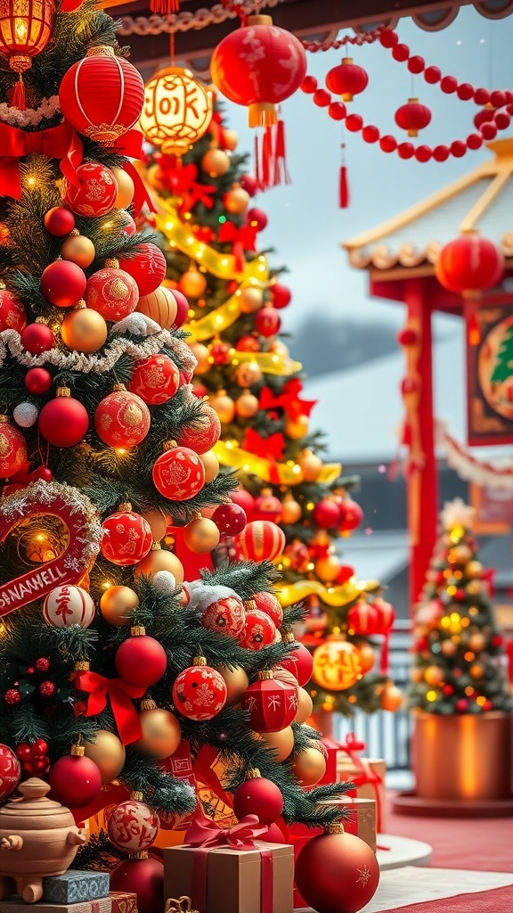 Korean Christmas Background Recipe A festive Korean Christmas background with a decorated tree, colorful lights, and traditional ornaments.